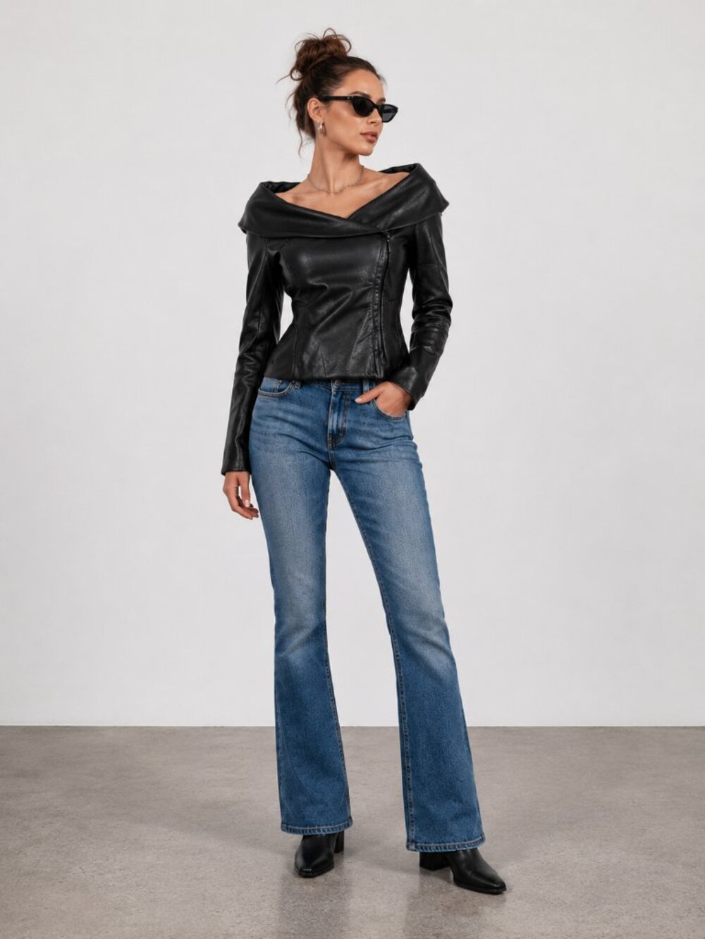 Black Faux Leather Off Shoulder Moto Jacket Foldover Collar NWT